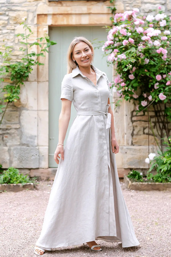 Anna Bey in biscuit maxi linen dress