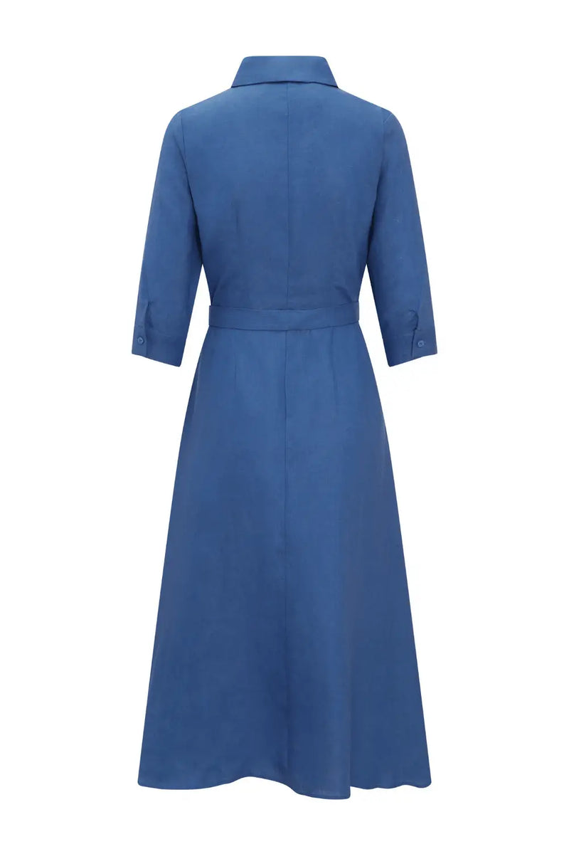 Back of Anna Bey's signature blue linen shirt dress