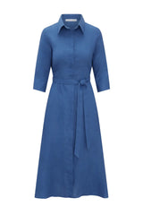 Front of Anna Bey's signature blue linen shirt dress