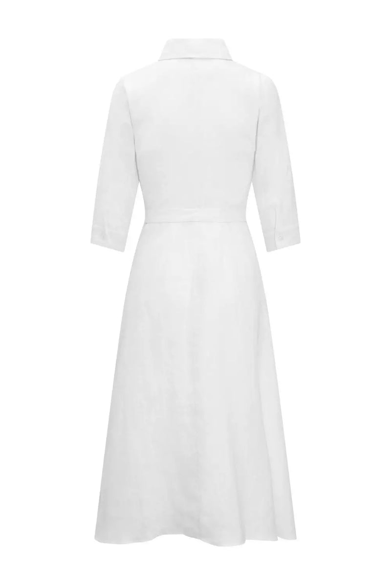 Back of Anna Bey's signature linen shirt dress in white