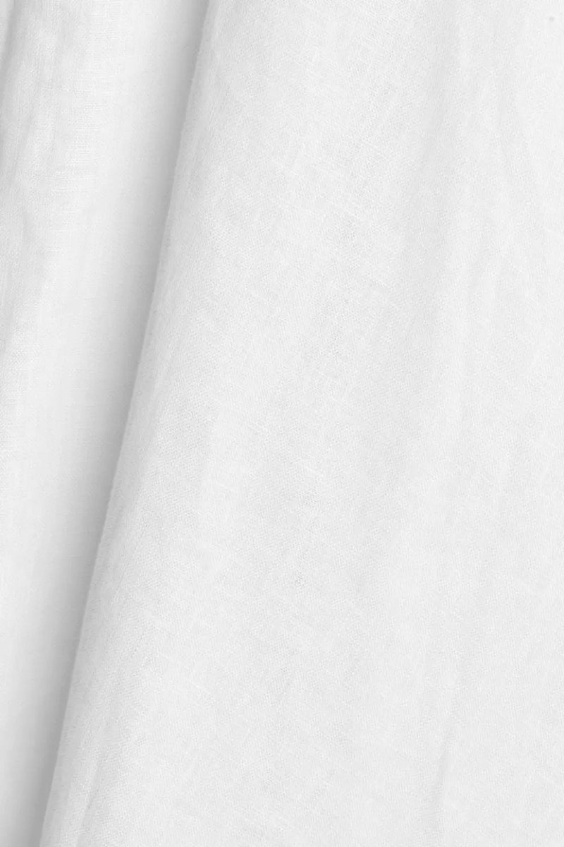 Fabric close-up of Anna Bey's signature linen shirt dress in white