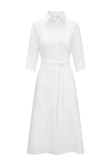 Front of Anna Bey's signature linen shirt dress in white