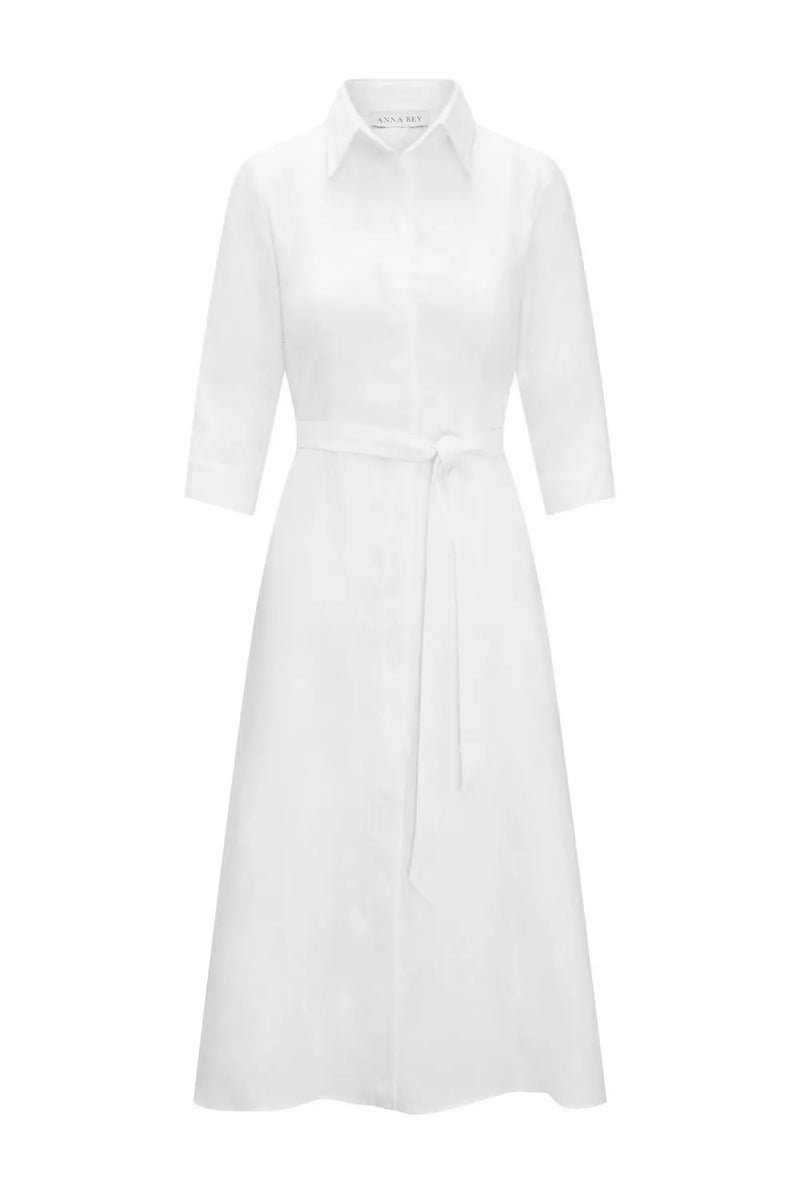 Front of Anna Bey's signature linen shirt dress in white