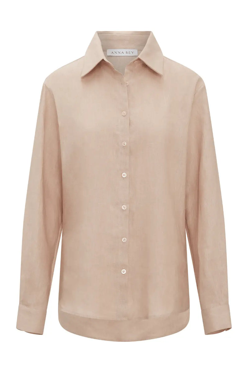 Front of long-sleeved linen shirt in oatmeal