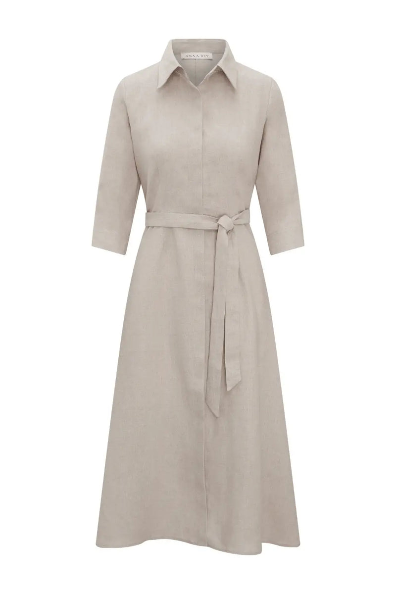 Front of Anna Bey's signature linen shirt dress in oatmeal