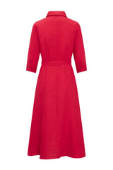 Back of Anna Bey's signature linen shirt dress in red