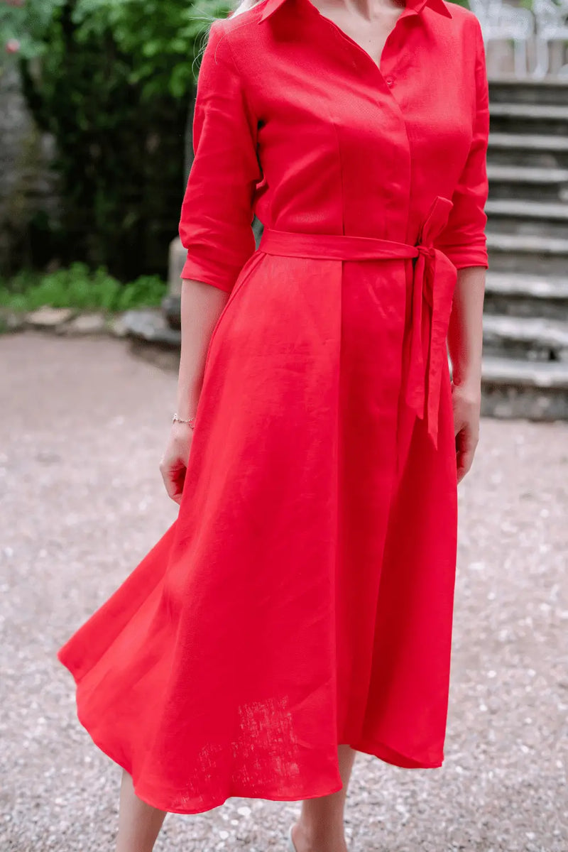Details of Anna Bey's signature linen shirt dress in red