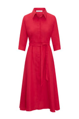 Front of Anna Bey's signature linen shirt dress in red