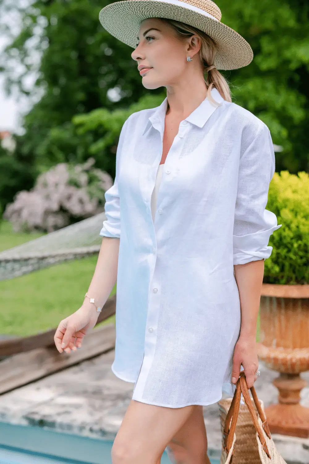 white oversized beach shirt dress Gauze Short Sleeve Button Down Maxi Shirt Dress / Ivory