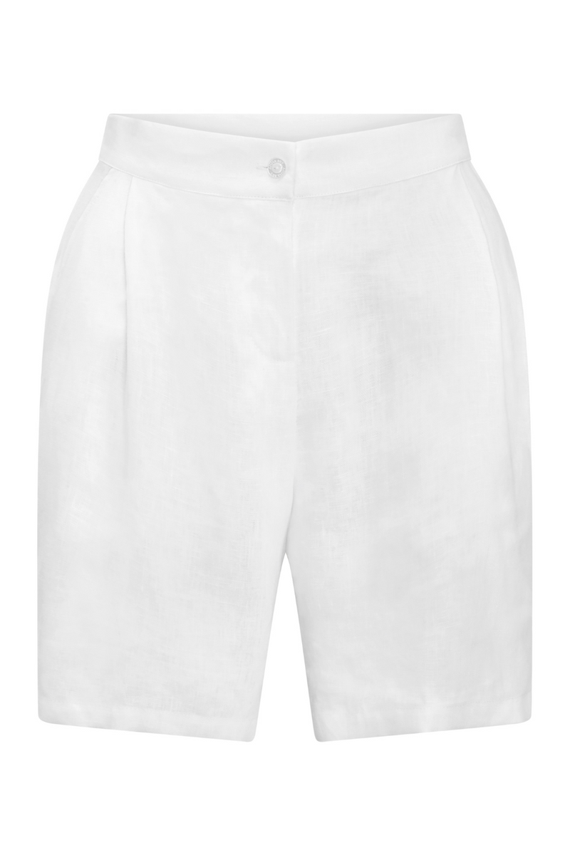 Front of relaxed linen shorts in white